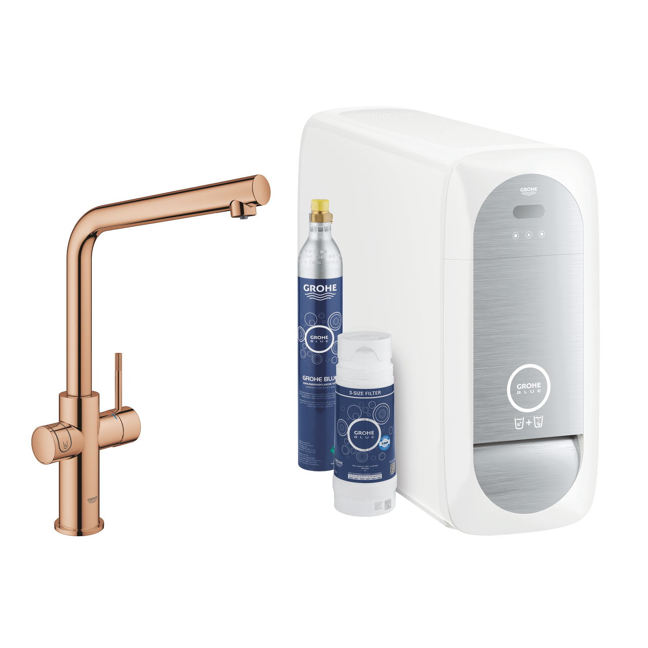 Grohe Blue Home 31454DA1 Starter Kit, Baterie tip L cu monocomanda, Sistem filtrare apa, racire apa si apa carbogazoasa, Finisaj Warm Sunset